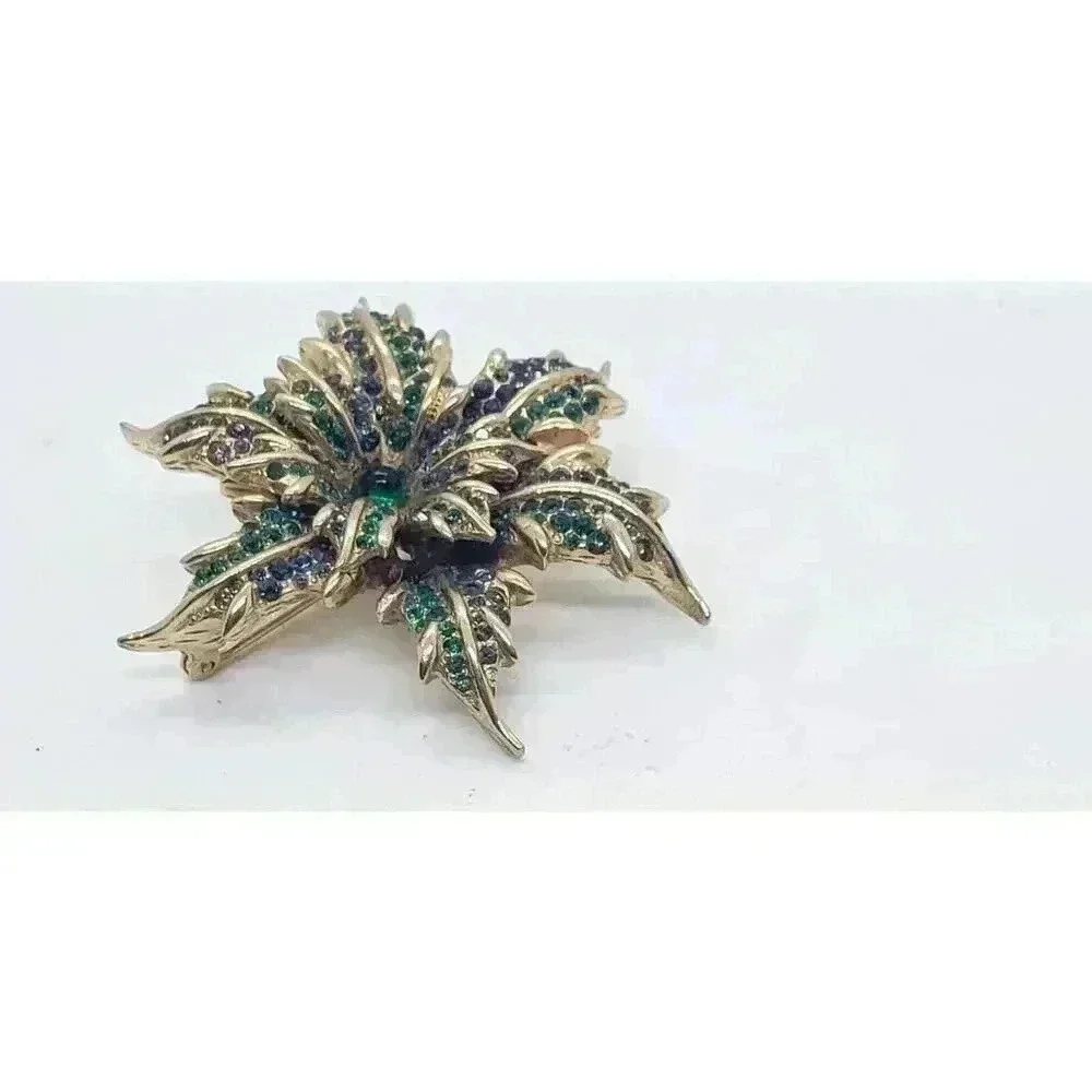 Vintage Flower Brooch Gold With Green & Blue Rhinestones & Cabochon Figural